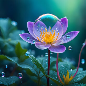 psychedelic flower with lightful bubble bloom standing in forest clearing