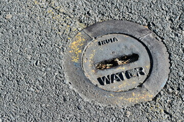 Water pipe access grate in roadway.
