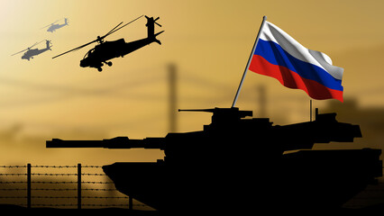 The silhouette of a tank in a war zone with the Russia flag, helicopters flying in the background