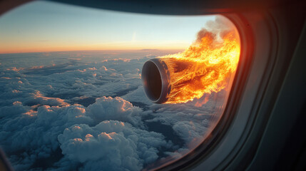 View of Airplane Engine on Fire from Passenger Window Above the Clouds at Sunset