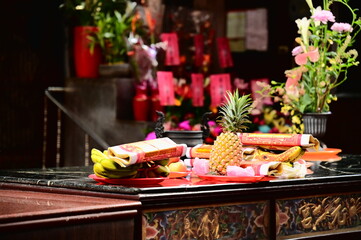 Taiwan - May 25, 2024: The offerings at Qingyuan Temple's (慶元宮) altar in Toucheng, Yilan, highlight the devotion of worshippers to Mazu in Taiwan's oldest Mazu temple, known as 