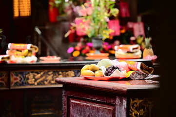 Taiwan - May 25, 2024: The offerings at Qingyuan Temple's (慶元宮) altar in Toucheng, Yilan, highlight the devotion of worshippers to Mazu in Taiwan's oldest Mazu temple, known as 