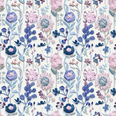 Floral embroidery from knitting wool, yarn, seamless pattern.