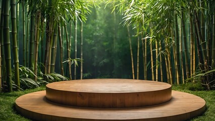 Round podium empty behind is green bamboo tree neutral