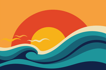 abstract wave ocean sea sunset vector background