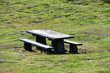 Isolated picnic table in freshly mowed field.