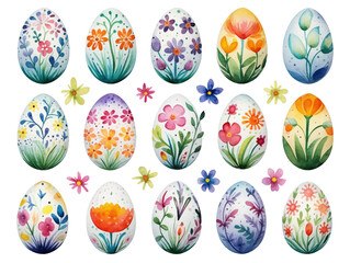 Hand painted Easter egg with flowers and leaves shapes and many color, isolated background