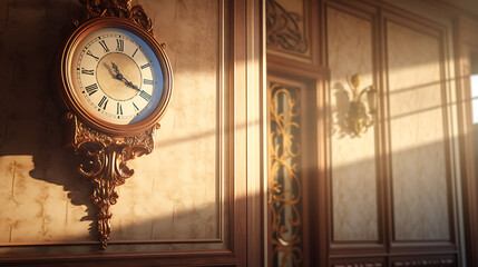 A vintage wall clock adorned with ornate details, hanging gracefully in a sunlit hallway