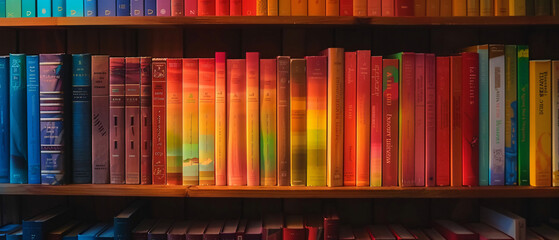 A collection of LGBTQ+ themed books on the shelves. Colorful books line up in rows on educational wooden shelves.