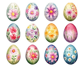 Hand painted Easter egg with flowers and leaves shapes and many color, isolated background