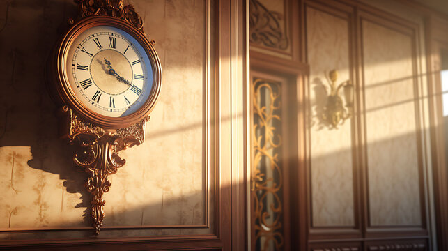 A vintage wall clock adorned with ornate details, hanging gracefully in a sunlit hallway