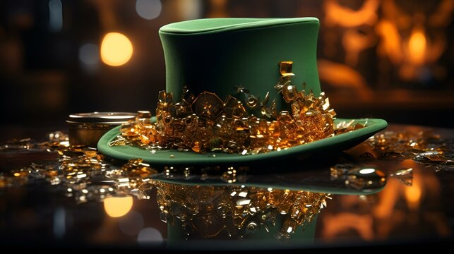 A green hat with gold coins on a table.