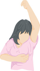 Obraz premium Drawing of a woman holding her breasts Medical illustrations. Breast cancer: nipple pulling, armpit pain, dimpling, lumps or thickenings, skin irritation. Flat vector illustration.