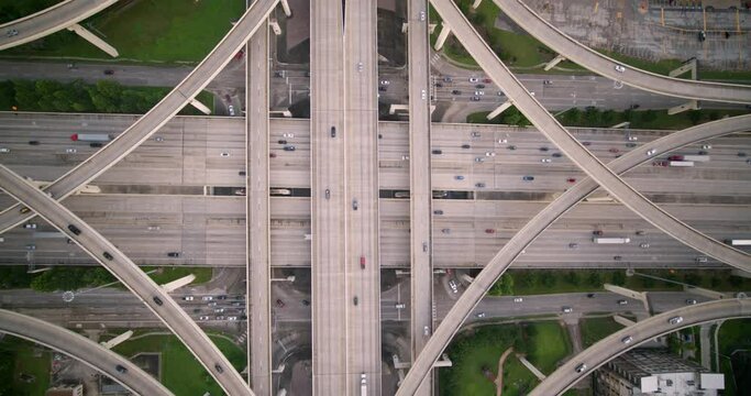 Establishing Aerial Shot of Busy I-10 Freeway Traffic in Houston, Texas