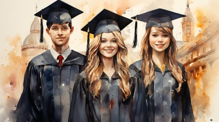 Obraz premium Three graduates in cap and gown smiling in front of a historic building. Watercolor illustration