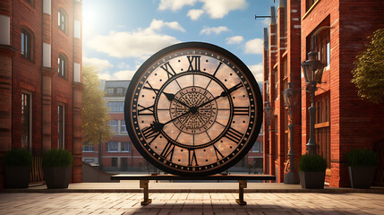 An oversized outdoor clock mounted on a brick wall, overlooking a bustling city square