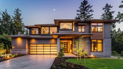 Modern two-story house at dusk with interior lights on, creating a warm and inviting atmosphere