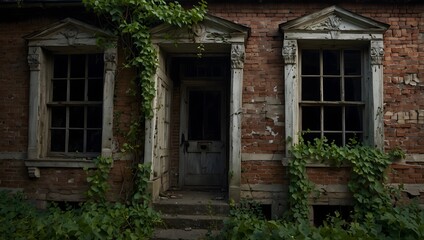  The eerie atmosphere of an abandoned house exterior, its windows boarded up and ivy crawling up the walls ai_generated