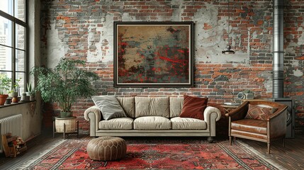 Weathered Charm: Poster Wall Mockup amidst Old Grunge Furniture