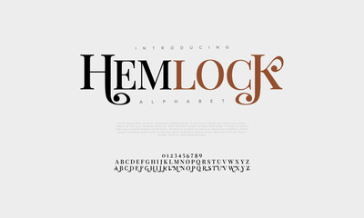 Hemlock premium luxury elegant alphabet letters and numbers. Vintage wedding typography classic serif font decorative vintage retro. creative vector illustration