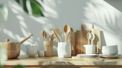 High-definition image showcasing kitchen white tableware and wooden utensils on a table, presenting an eco-friendly kitchen concept in minimalist Scandinavian style