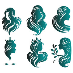 Obraz premium Set of luxury beauty woman hair style black logo design silhouette with white background.