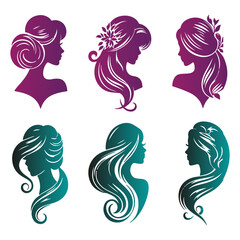 Set of luxury beauty woman hair style black logo design silhouette with white background.