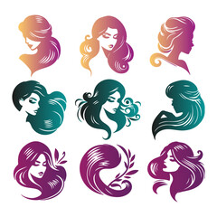 Set of luxury beauty woman hair style black logo design silhouette with white background.