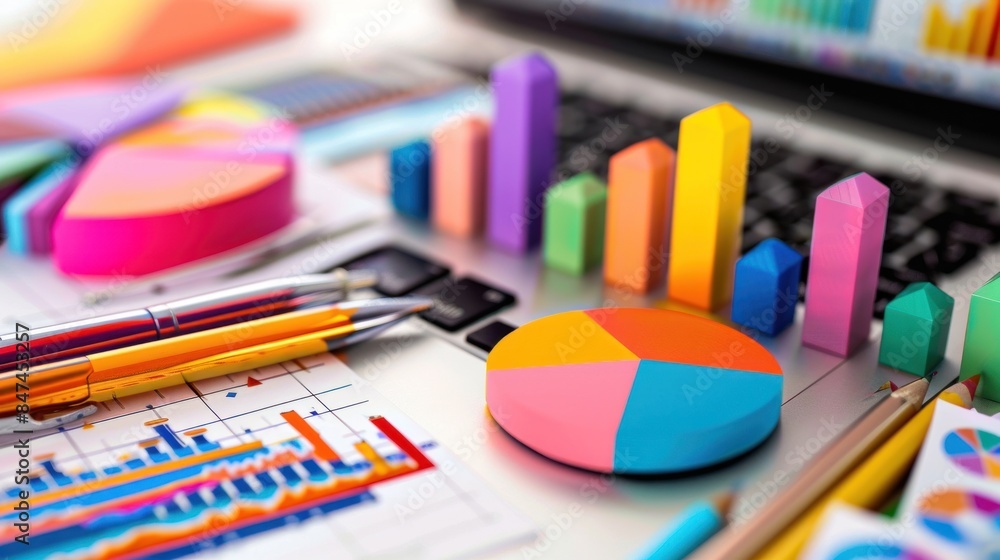 Poster 3d bar graphs, pie charts, and line graphs are colorful and displayed above the laptop keyboard.