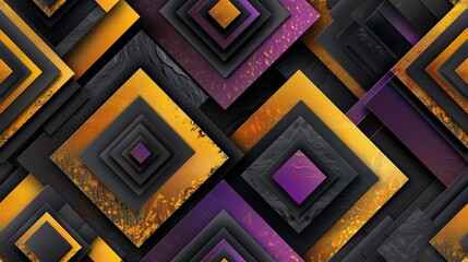 A seamless pattern of abstract square shapes in purple, gold and black colors. 