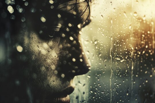 A contemplative person gazing out a rain-streaked window, capturing a moment of deep thought and emotion amidst the rain.