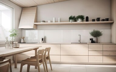 Fototapeta premium Modern kitchen, interior design, minimalistic scandinavian look. Natural wooden and white materials. Minimalistic sunny photo. AI Generative