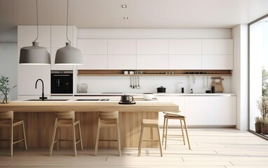 Modern kitchen, interior design, minimalistic scandinavian look. Natural wooden and white materials. Minimalistic sunny photo. AI Generative