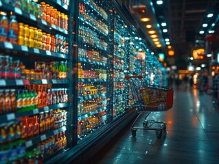 Obraz premium A shopping cart in a grocery store aisle lined with shelves full of various products and beverages, illuminated by bright lighting.