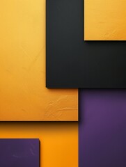 An abstract pattern of geometric shapes with squares and lines in purple, gold and black colors. 