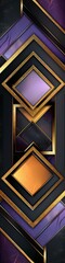 An abstract pattern of geometric shapes with squares and lines in purple, gold and black colors. 