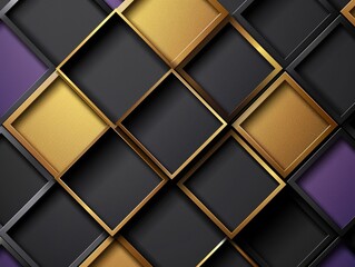 An abstract pattern of geometric shapes with squares and lines in purple, gold and black colors. 