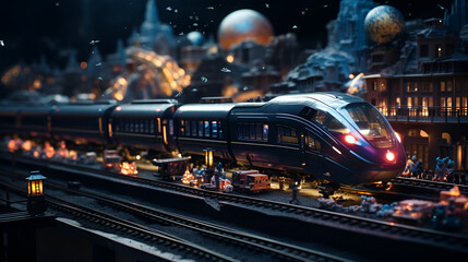 A model train on tracks in front of a city, showcasing a miniature version of urban life.