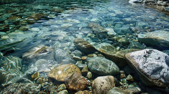 The beauty of nature is revealed through the clear water stream winding among rocks