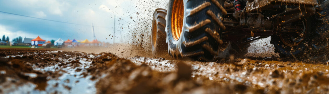 Create an impactful image of a tilted angle view of a powerful tractor pull in a muddy field, showcasing dynamic motion and intense competition