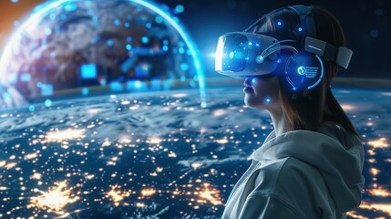 A Young Woman Embraces the Future, Immersed in a Virtual World Through VR Glasses