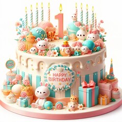 Obraz premium easter cake with eggs and candles, bear cake, birthday cake isolated on white