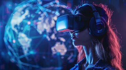Naklejka premium A Young Woman Embraces the Future, Immersed in a Virtual World Through VR Glasses