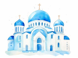 Obraz premium Beautiful watercolor illustration of a blue-domed church with crosses, showcasing intricate architectural details and serene colors.
