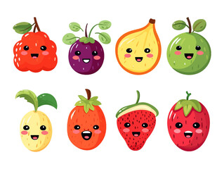 Cute funny cartoon fruit apple, strawberry, watermelon, pineapple, peach, orange, pear, cherry and lemon. Cartoon fruit character set. Funny emoticon in flat style. Food emoji vector illustration