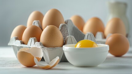  Showing a close-up of a carton of fresh eggs and a bowl of cracked eggs, the image emphasizes purity and culinary basics.