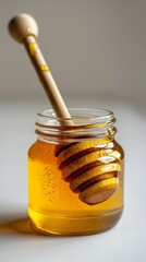 Elegant honey display, minimalistic setup, bright and clean, isolated on a white background. Featuring a close-up of a jar of golden honey with a wooden dipper, the image emphasizes natural sweetness 