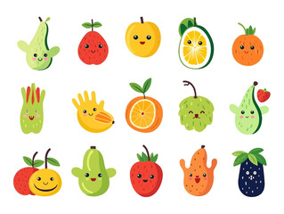 Cute funny cartoon fruit apple, strawberry, watermelon, pineapple, peach, orange, pear, cherry and lemon. Cartoon fruit character set. Funny emoticon in flat style. Food emoji vector illustration