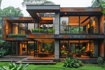 Industrial house exterior with exposed concrete and metal cladding, featuring floor-to-ceiling windows and minimalist landscaping