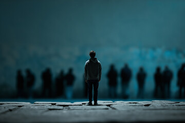 Lonely boy standing in front of a crowd of people 3D rendering of a miniature person standing alone in front of a blurred crowd of people